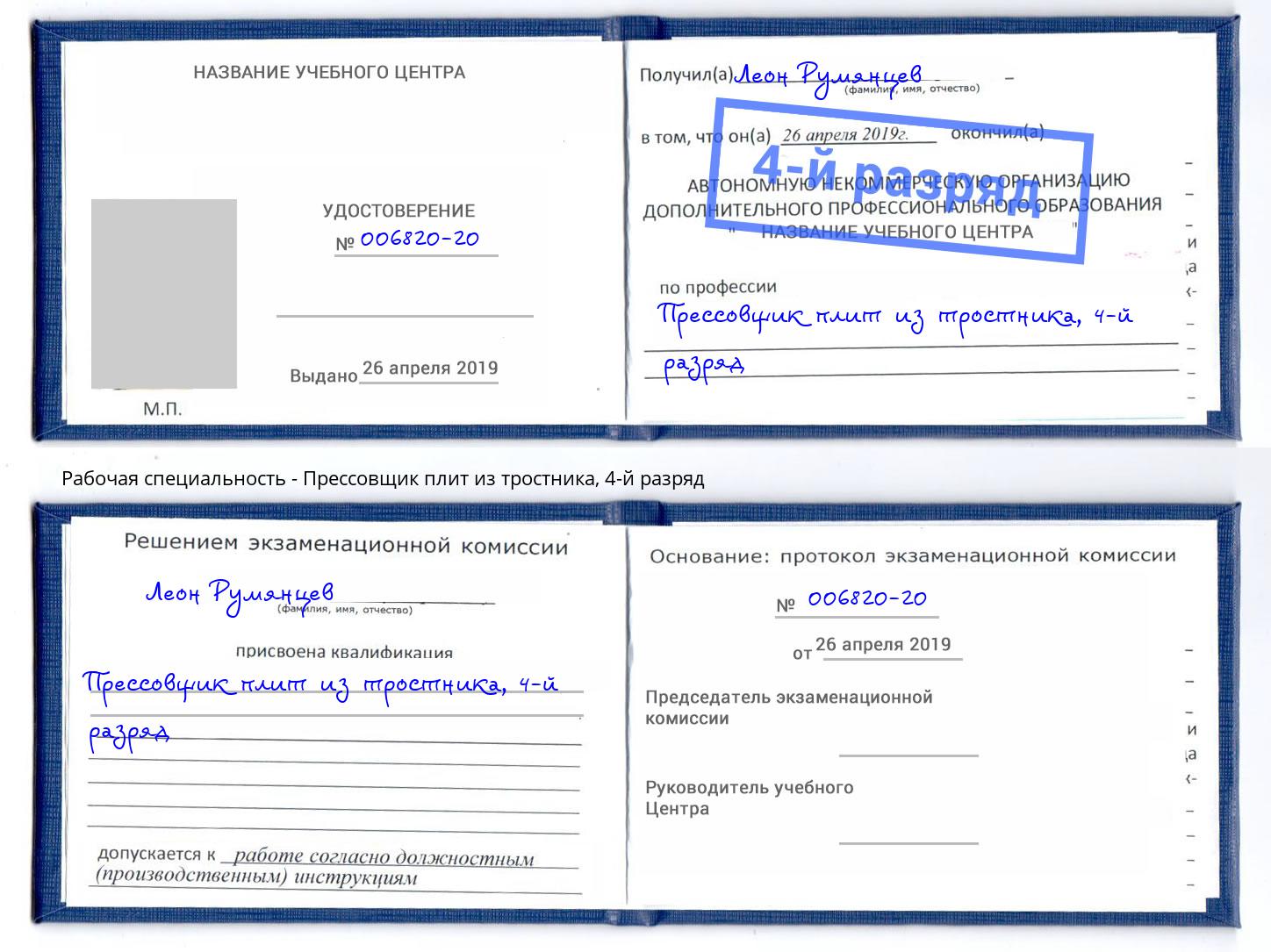 корочка 4-й разряд Прессовщик плит из тростника Старая Русса