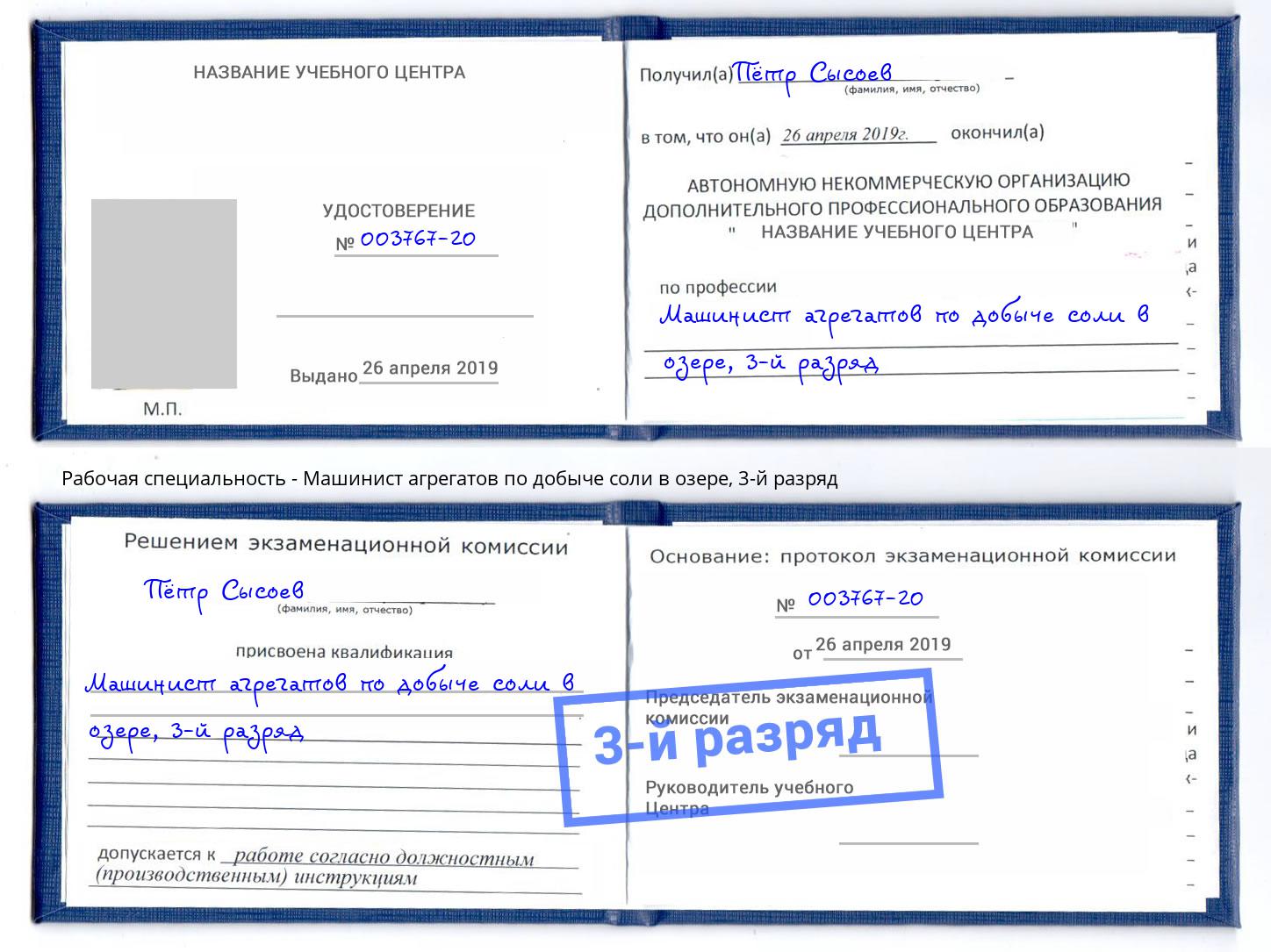 корочка 3-й разряд Машинист агрегатов по добыче соли в озере Старая Русса
