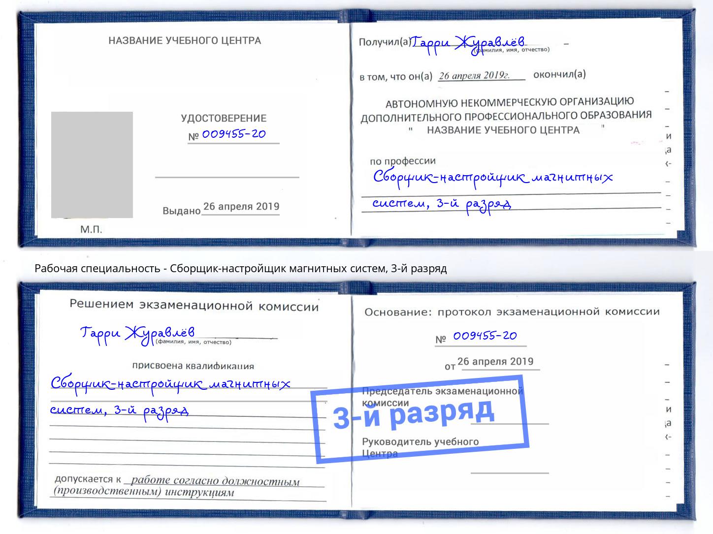 корочка 3-й разряд Сборщик-настройщик магнитных систем Старая Русса