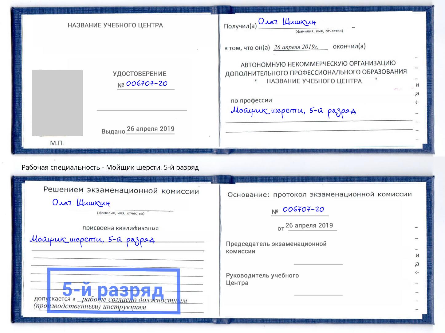 корочка 5-й разряд Мойщик шерсти Старая Русса