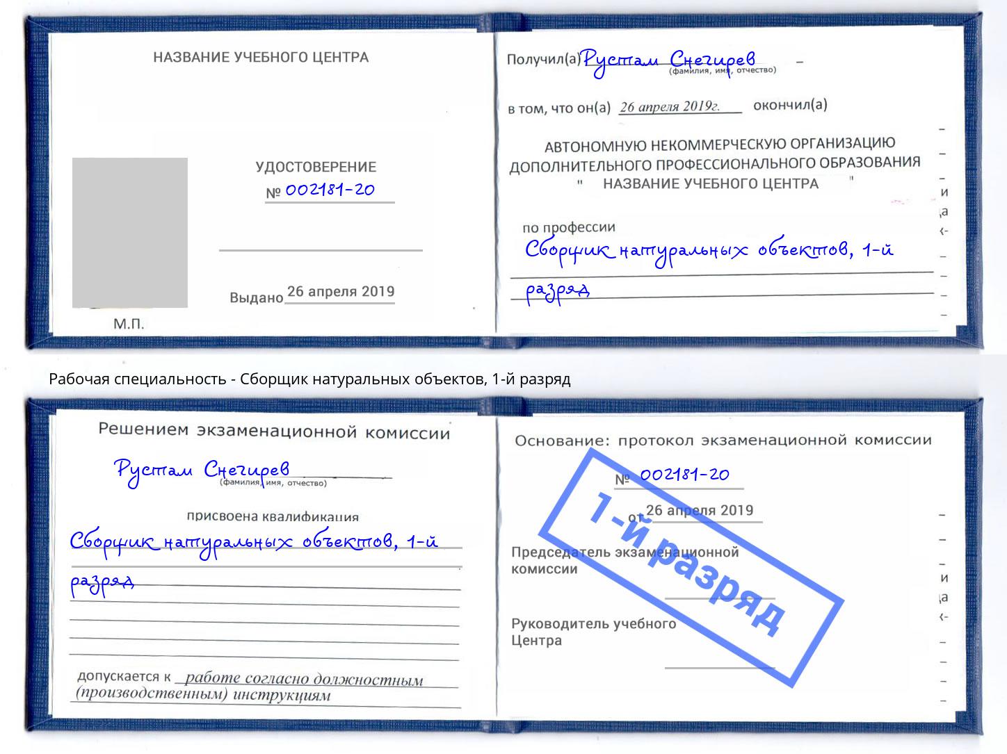 корочка 1-й разряд Сборщик натуральных объектов Старая Русса