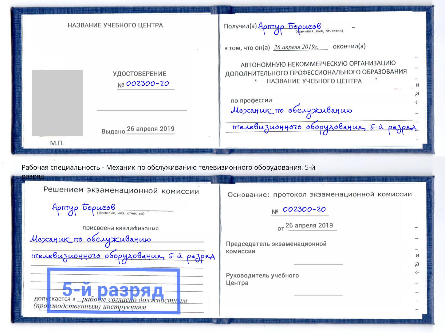 корочка 5-й разряд Механик по обслуживанию телевизионного оборудования Старая Русса