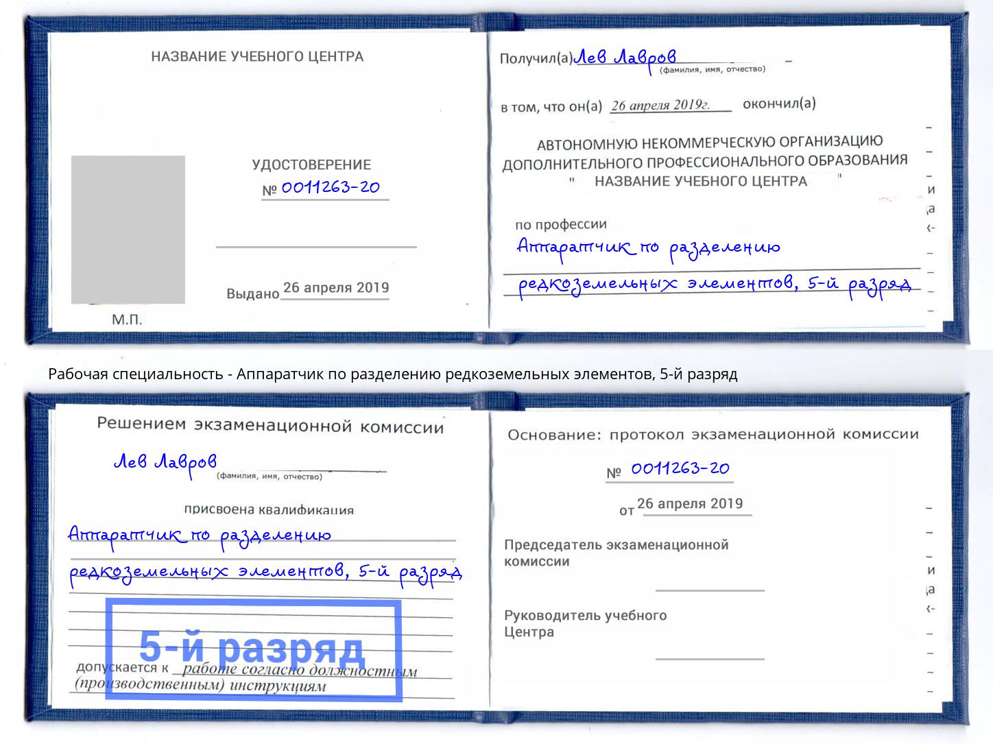 корочка 5-й разряд Аппаратчик по разделению редкоземельных элементов Старая Русса