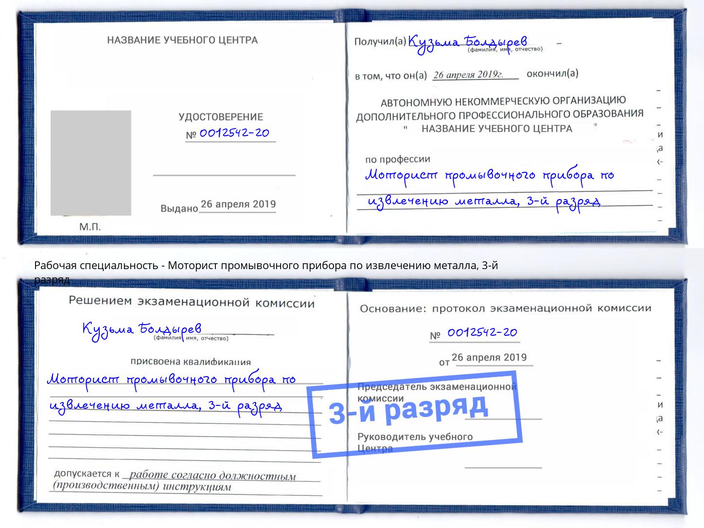 корочка 3-й разряд Моторист промывочного прибора по извлечению металла Старая Русса