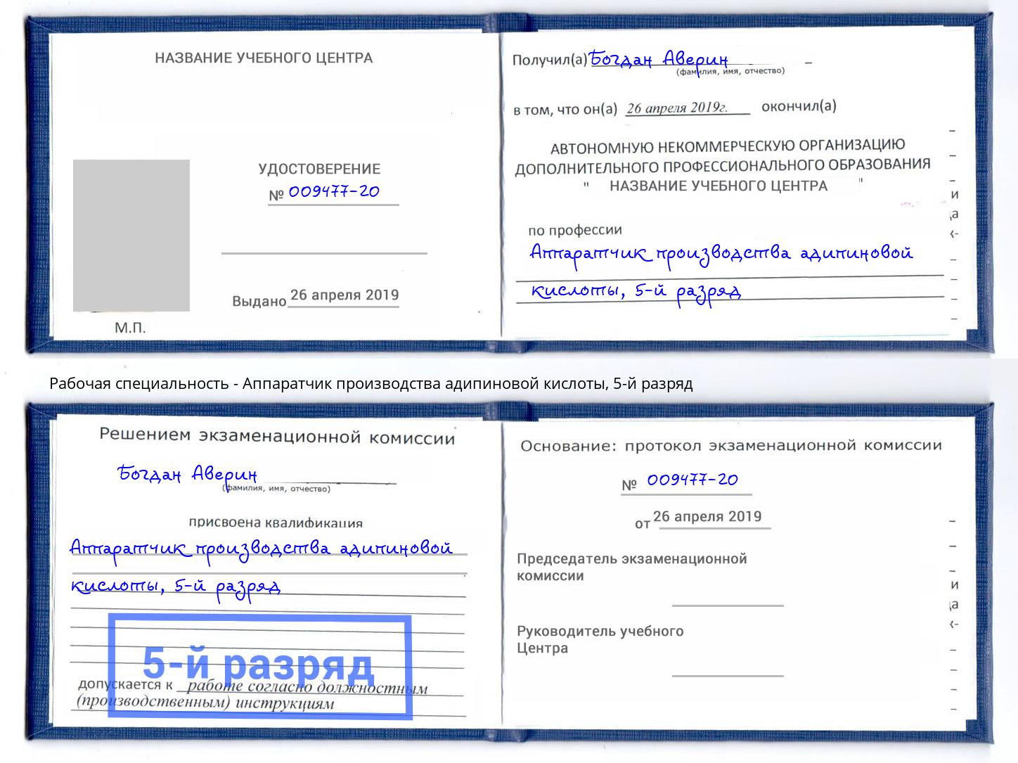 корочка 5-й разряд Аппаратчик производства адипиновой кислоты Старая Русса